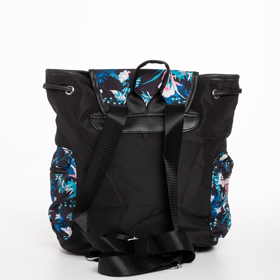 Fosette fekete és kék virágos női hátizsák, textil anyagból készült, 5 - Kalapod.hu