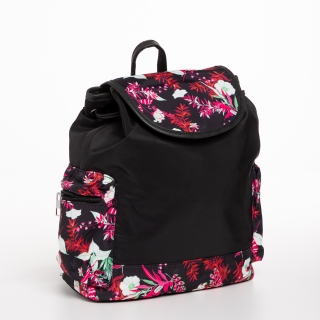 Női hátizsák, Fosette fekete és rózsaszín virágos női hátizsák, textil anyagból készült - Kalapod.hu