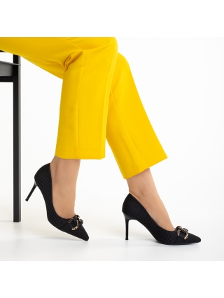 Magas sarkú cipő, Rosette fekete női cipő, textil anyagból készült - Kalapod.hu