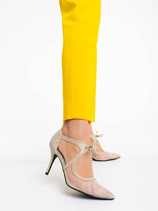 Női cipő, Tinara aranyszínű női magassarkú cipő textil anyagból - Kalapod.hu