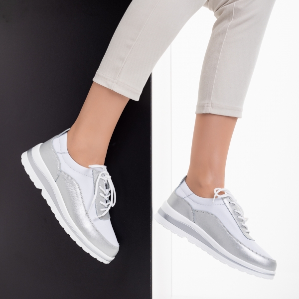 Lessie fehér és ezüst alkalmi női cipő, természetes bőrből készült, 5 - Kalapod.hu