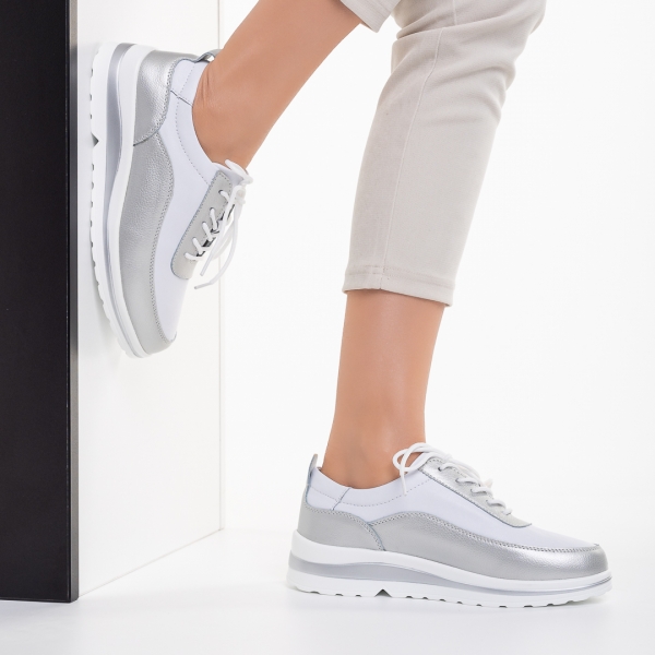 Lessie fehér és ezüst alkalmi női cipő, természetes bőrből készült, 3 - Kalapod.hu