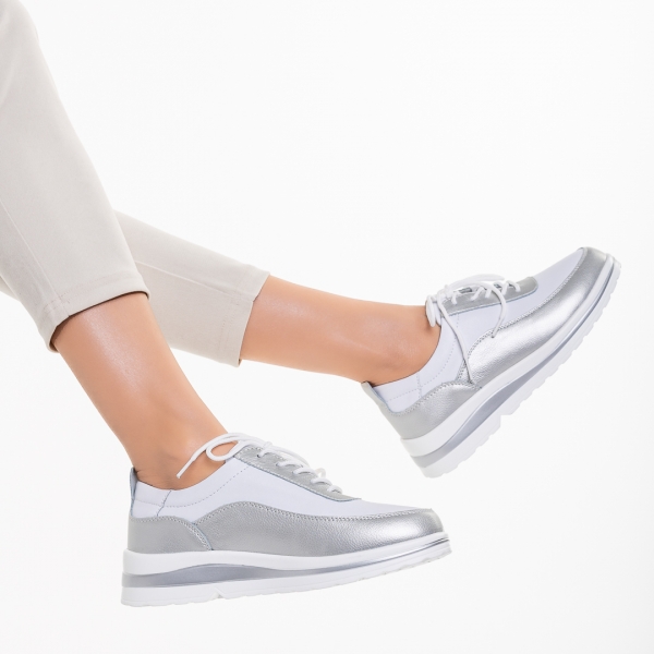 Lessie fehér és ezüst alkalmi női cipő, természetes bőrből készült, 6 - Kalapod.hu