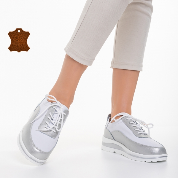 Lessie fehér és ezüst alkalmi női cipő, természetes bőrből készült - Kalapod.hu