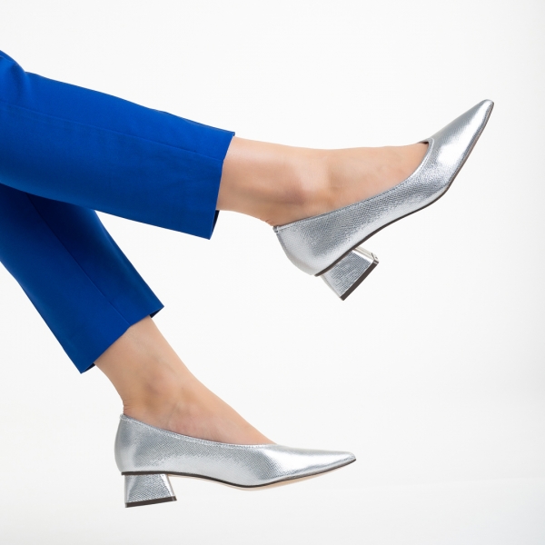 Ziva ezüst női cipő sarokkal, textil anyagból készült, 6 - Kalapod.hu