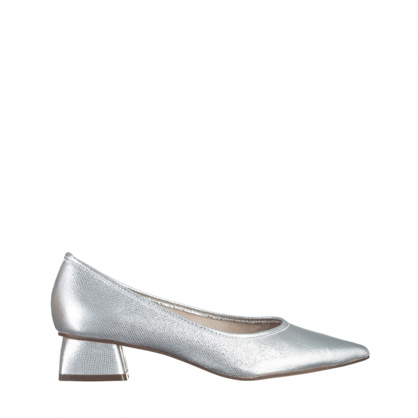 Ziva ezüst női cipő sarokkal, textil anyagból készült, 2 - Kalapod.hu