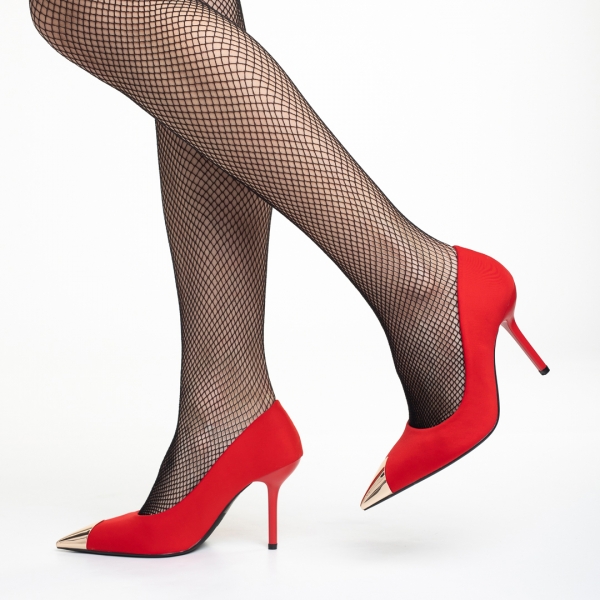 Melany piros női cipő sarokkal, textil anyagból készült, 3 - Kalapod.hu