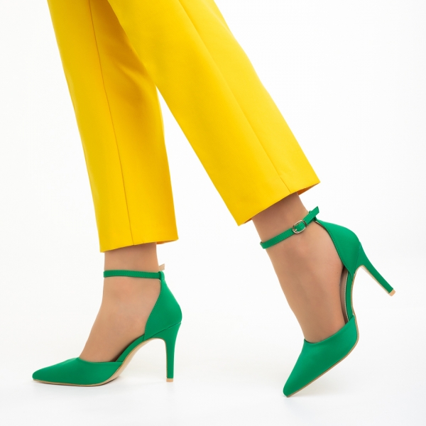 Florene zöld női cipő sarokkal, textil anyagból készült, 2 - Kalapod.hu