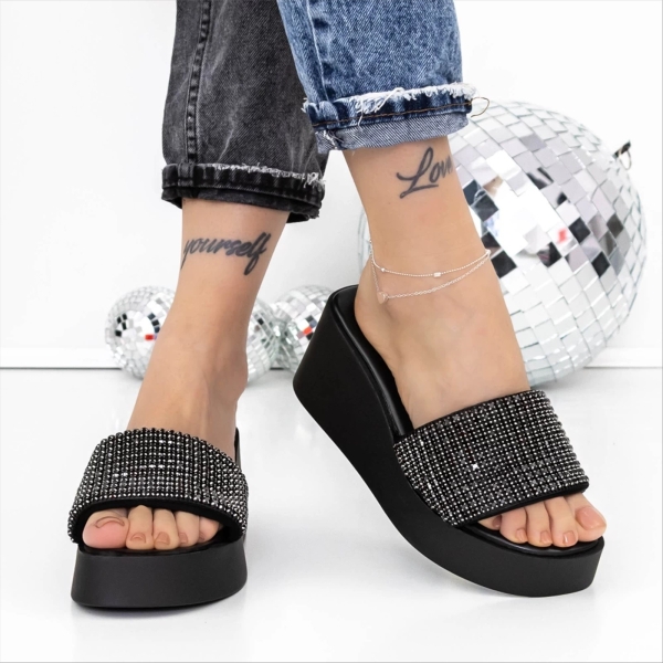 Anette fekete női papucs textil anyagból, 3 - Kalapod.hu