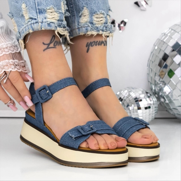 Sienna kék női magassarkú szandál textil anyagból, 2 - Kalapod.hu
