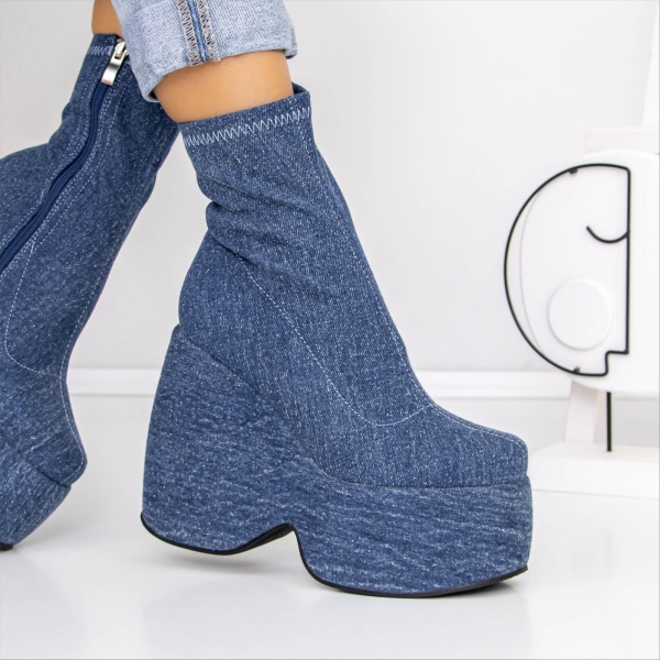 Samata sötét kék női bokacsizma platformmal textil anyagból, 2 - Kalapod.hu
