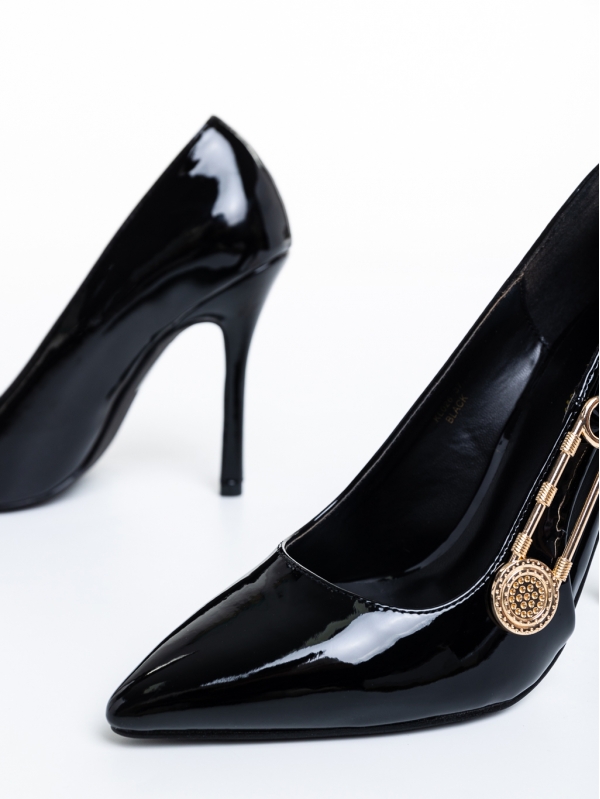 Allana fekete női  cipő sarokkal, lakkozott műbőrből készült, 6 - Kalapod.hu