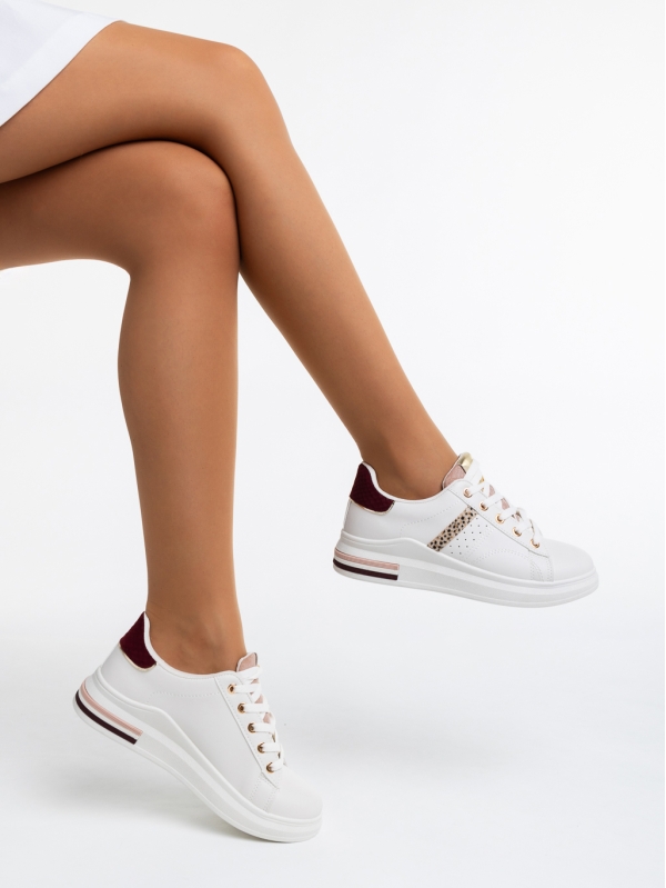 Sarena fehér és gránátszínű női sport cipő ökológiai bőrből, 4 - Kalapod.hu