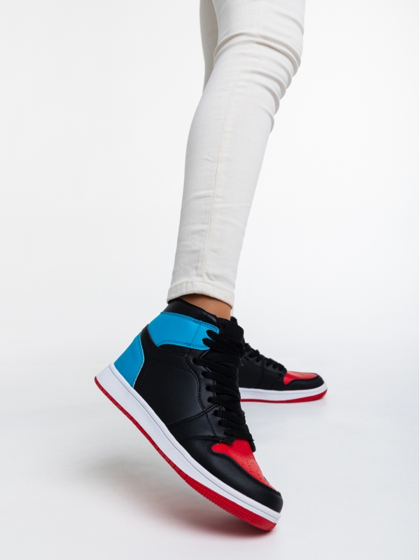 Cass fekete, piros és kék, női sport cipő,  ökológiai bőrből, 2 - Kalapod.hu