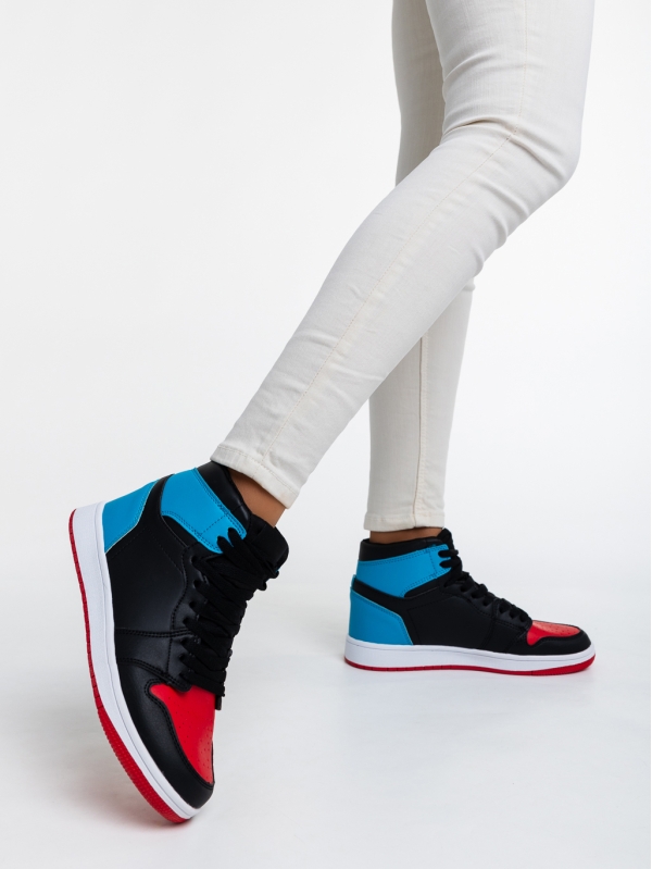 Cass fekete, piros és kék, női sport cipő,  ökológiai bőrből, 3 - Kalapod.hu