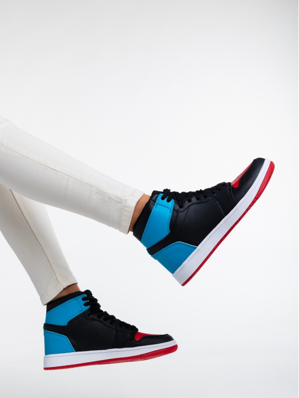 Cass fekete, piros és kék, női sport cipő,  ökológiai bőrből, 4 - Kalapod.hu