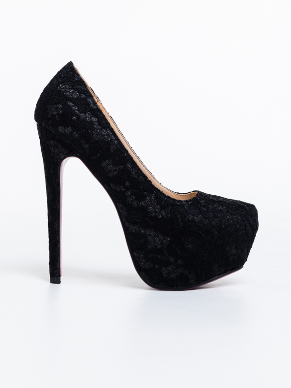 Bistra fekete, női magassarkú cipő, textil anyagból, 5 - Kalapod.hu