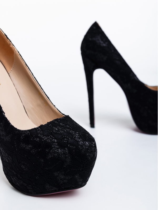 Bistra fekete, női magassarkú cipő, textil anyagból, 6 - Kalapod.hu