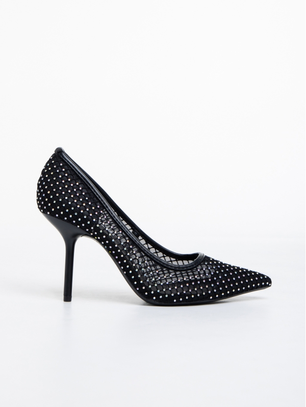 Menodora fekete, női magassarkú cipő, textil anyagból, 5 - Kalapod.hu