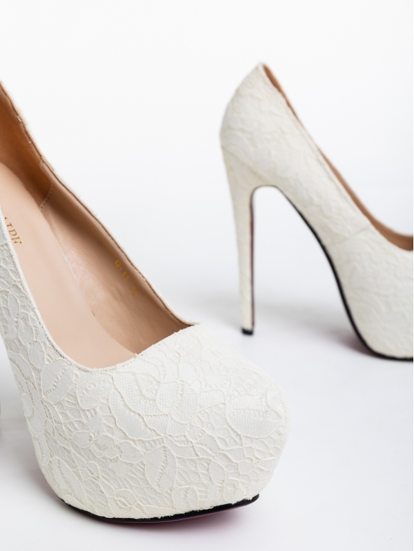 Bistra fehér, női magassarkú cipő, textil anyagból, 6 - Kalapod.hu