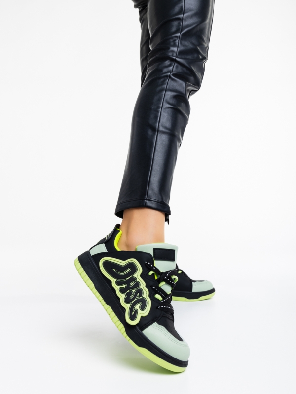Azurine fekete és zöld női sport cipő ökológiai bőrből, 2 - Kalapod.hu