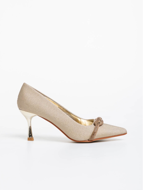 Alishia aranyszínű női magassarkú cipő textil anyagból, 5 - Kalapod.hu