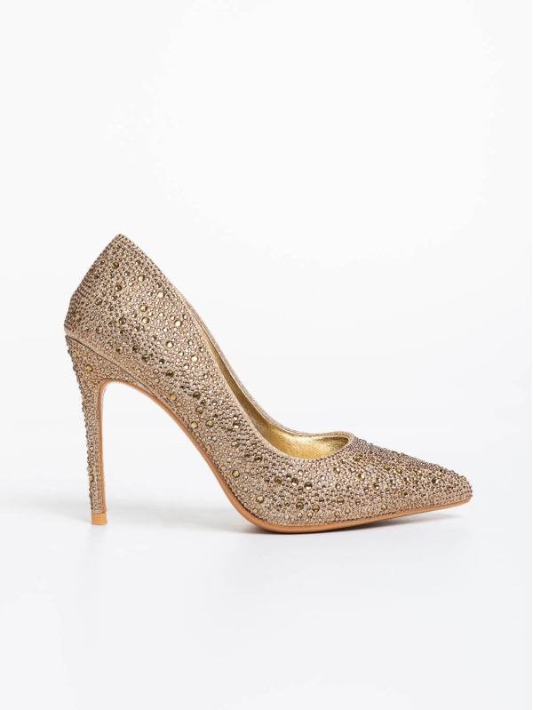 Marlys aranyszínű női magassarkú cipő textil anyagból, 5 - Kalapod.hu