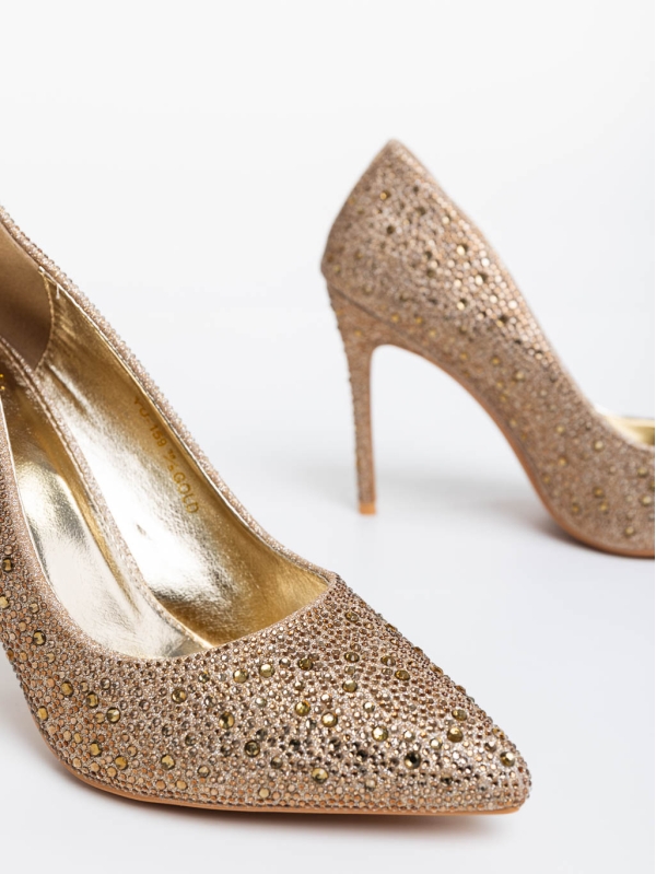 Marlys aranyszínű női magassarkú cipő textil anyagból, 6 - Kalapod.hu