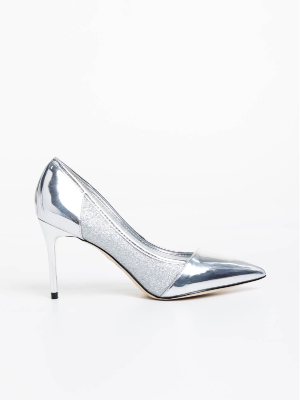 Tanishka ezüstszínű női magassarkú cipő ökológiai bőrből és textil anyagból, 5 - Kalapod.hu