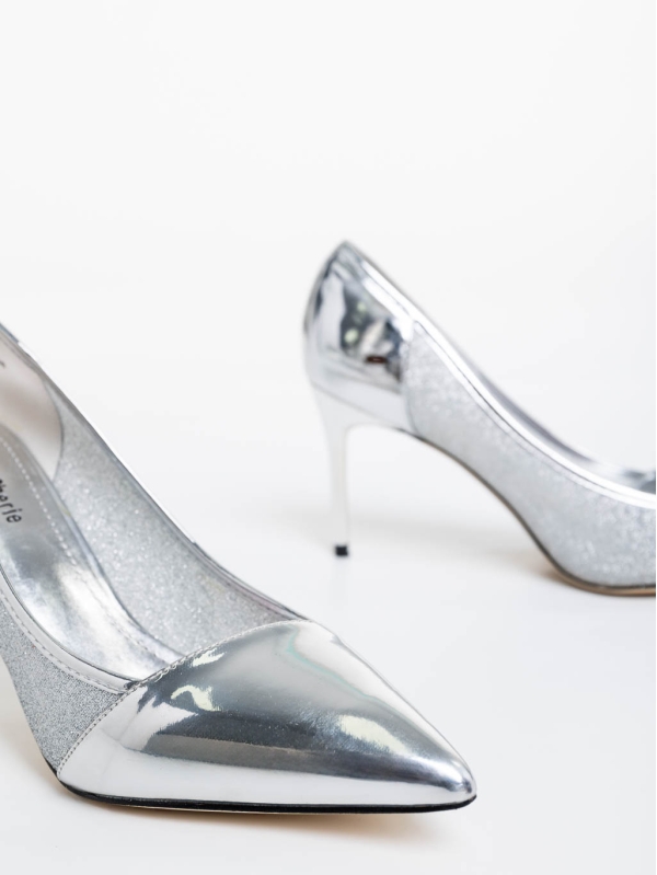 Tanishka ezüstszínű női magassarkú cipő ökológiai bőrből és textil anyagból, 6 - Kalapod.hu