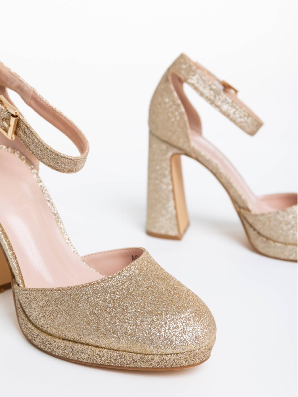 Sieanna aranyszínű női magassarkú cipő textil anyagból, 6 - Kalapod.hu