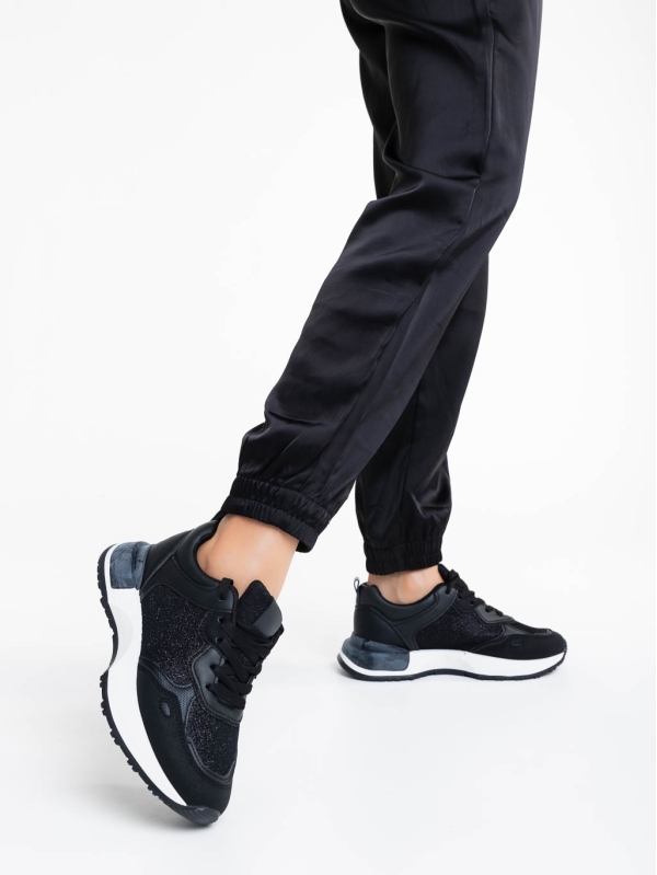 Romessa fekete női sport cipő textil anyagból és ökológiai bőrből, 3 - Kalapod.hu
