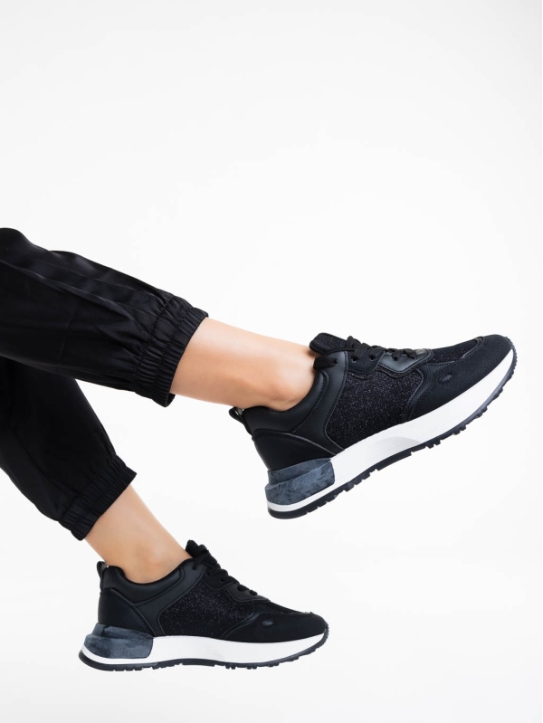 Romessa fekete női sport cipő textil anyagból és ökológiai bőrből, 4 - Kalapod.hu