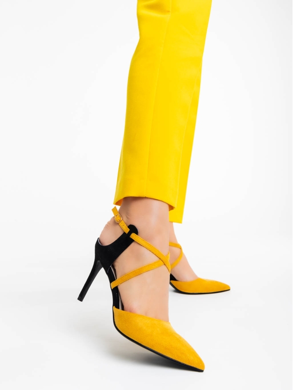 Saleena sárga női magassarkú cipő textil anyagból, 2 - Kalapod.hu