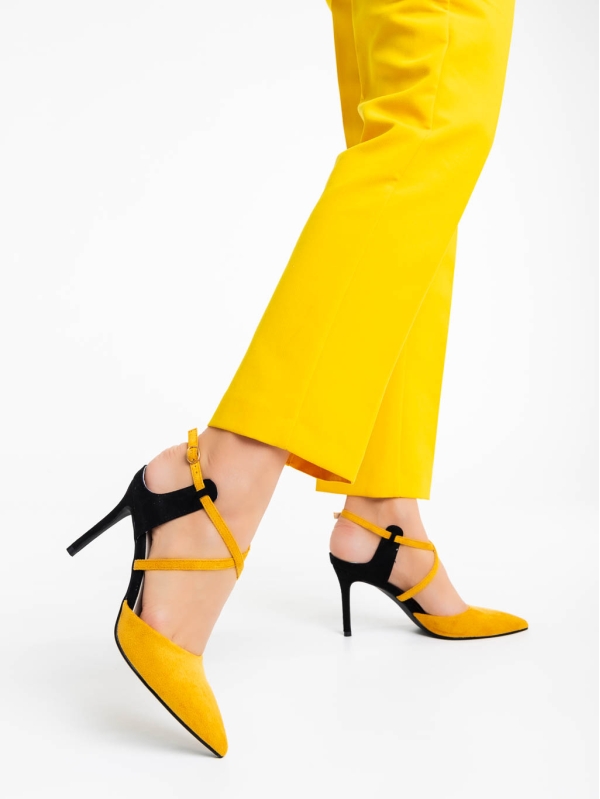 Saleena sárga női magassarkú cipő textil anyagból, 3 - Kalapod.hu
