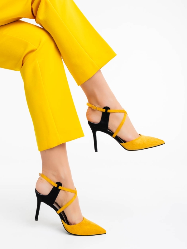 Saleena sárga női magassarkú cipő textil anyagból, 4 - Kalapod.hu