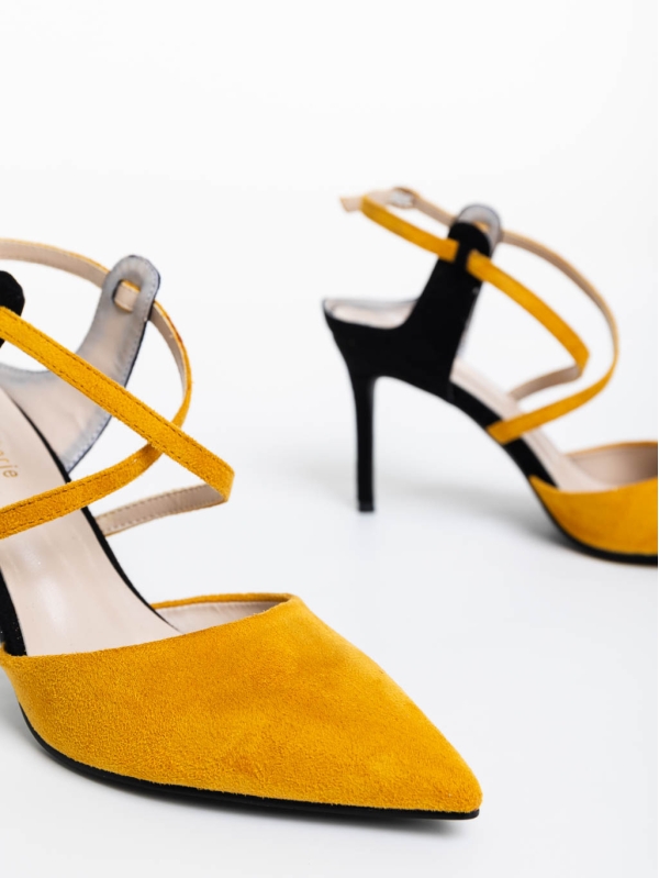 Saleena sárga női magassarkú cipő textil anyagból, 6 - Kalapod.hu
