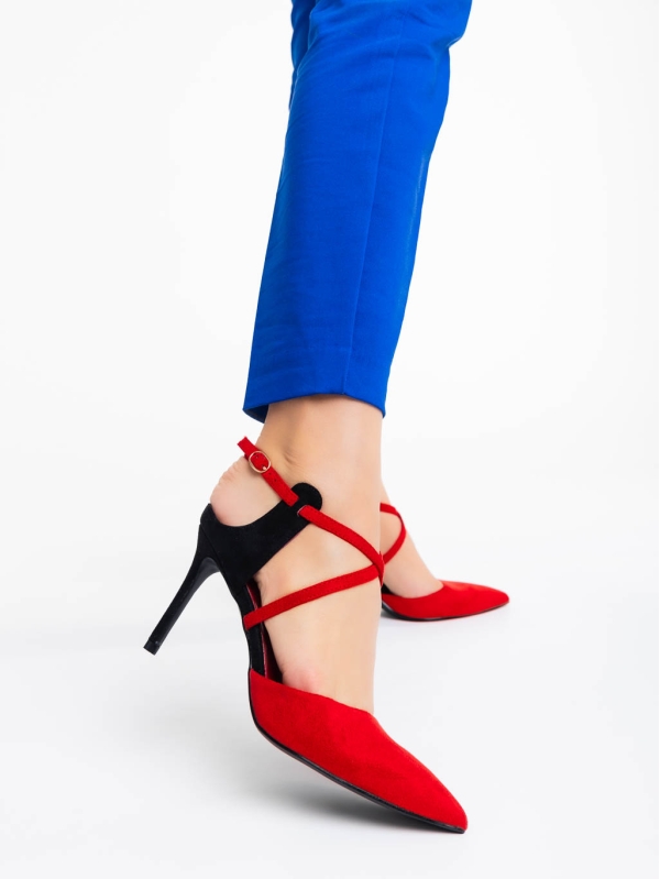 Saleena piros női  magassarkú cipő textil anyagból, 2 - Kalapod.hu