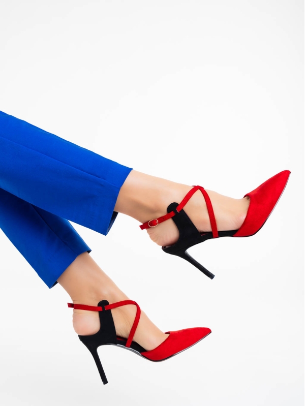 Saleena piros női  magassarkú cipő textil anyagból, 3 - Kalapod.hu