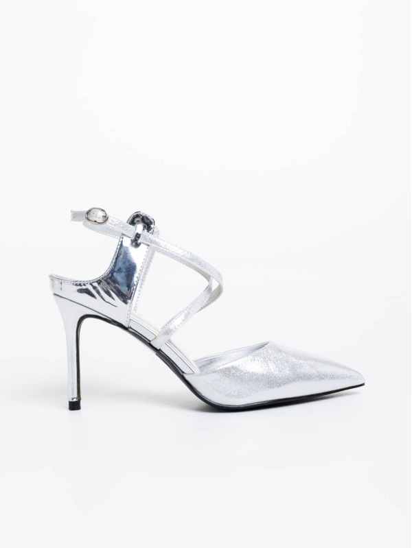 Saleena ezüstszínű női magassarkú cipő textil anyagból, 5 - Kalapod.hu