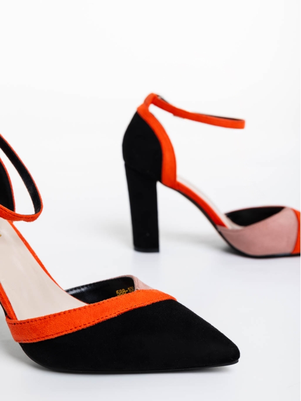 Ozora narancssárga és fekete női magassarkú cipő textil anyagból, 6 - Kalapod.hu