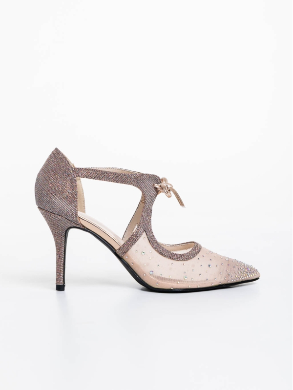 Tinara pezsgőszínű női magassarkú cipő textil anyagból, 5 - Kalapod.hu