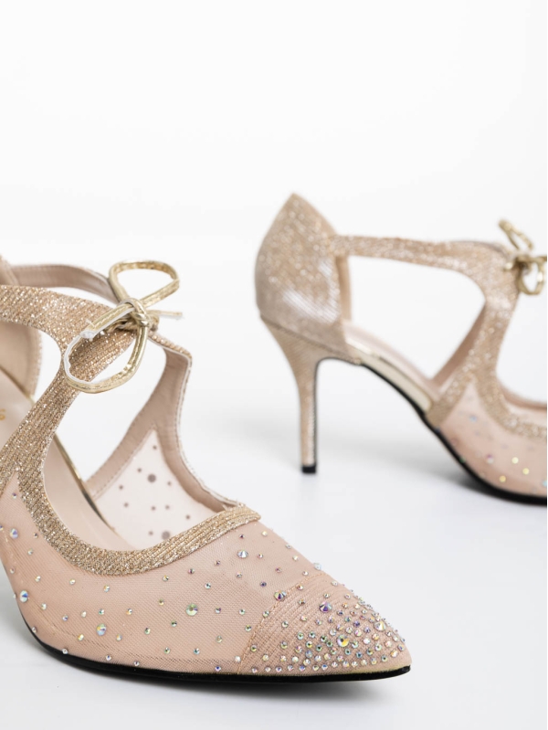 Tinara aranyszínű női magassarkú cipő textil anyagból, 6 - Kalapod.hu