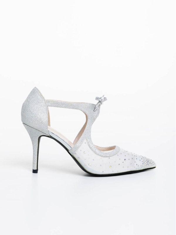 Tinara ezüstszínű női magassarkú cipő textil anyagból, 5 - Kalapod.hu