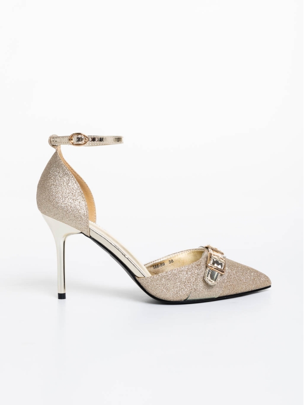 Teiana aranyszínű női magassarkú cipő textil anyagból, 5 - Kalapod.hu