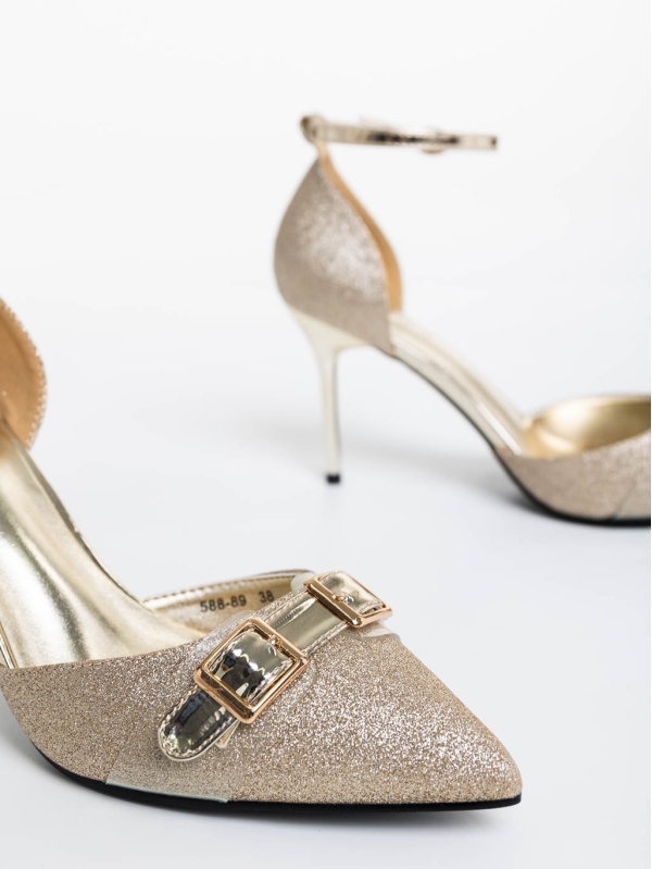 Teiana aranyszínű női magassarkú cipő textil anyagból, 6 - Kalapod.hu