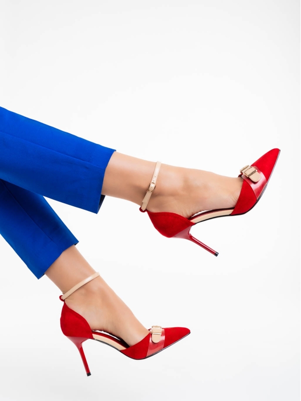 Teiana piros női magassarkú cipő textil anyagból, 3 - Kalapod.hu