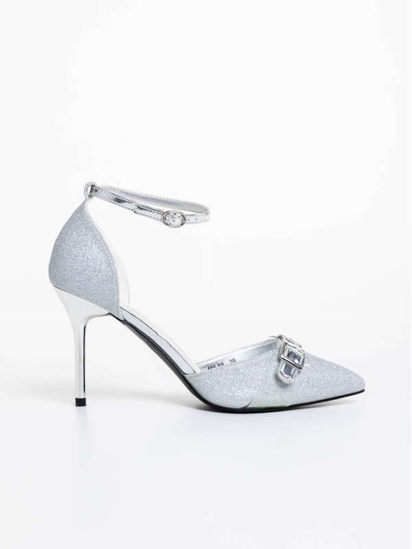 Teiana ezüstszínű női magassarkú cipő textil anyagból, 5 - Kalapod.hu