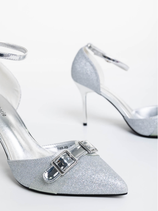 Teiana ezüstszínű női magassarkú cipő textil anyagból, 6 - Kalapod.hu