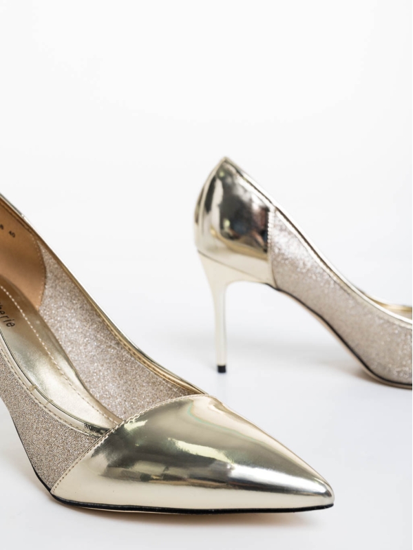 Tanishka aranyszínű női  magassarkú cipő ökológiai bőrből és textil anyagból, 6 - Kalapod.hu